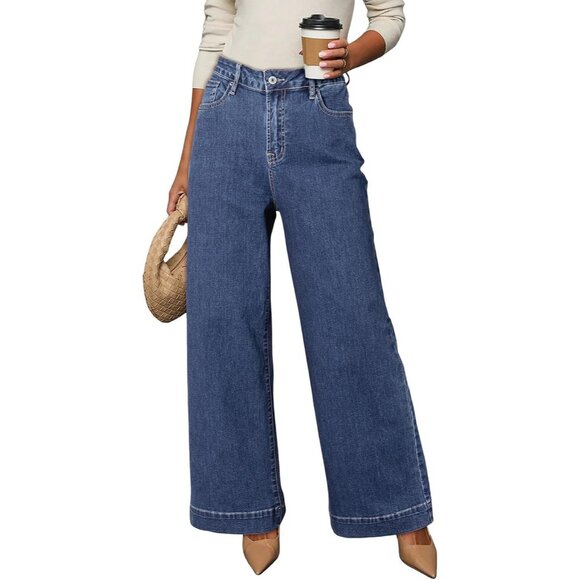 Denim - Women's Sky Blue Waisted Wide Leg Denim Jeans Stretchy Loose Pants with Pocket
